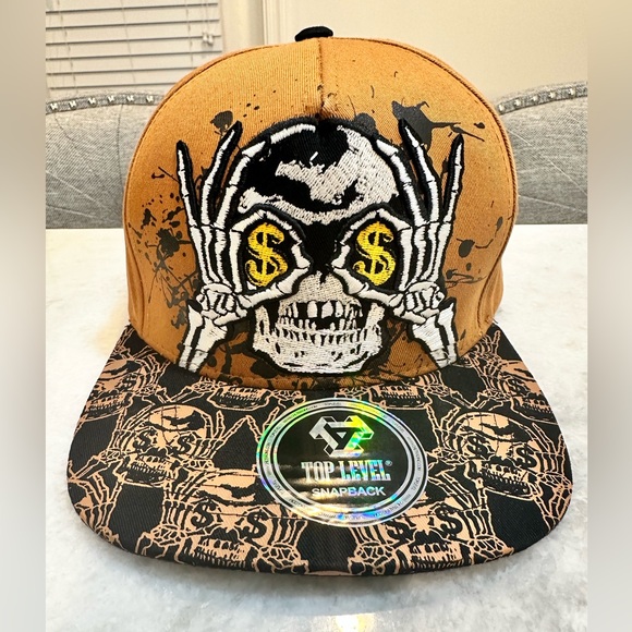 Men’s Brown and Black Skull Top Level Embroidered SnapBack Hat - NWT - Picture 1 of 8